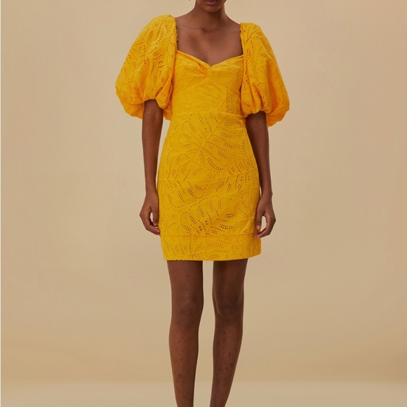 Farm Rio Monstera Yellow Eyelet Puff Sleeve Mini Dress - Picture 12 of 12